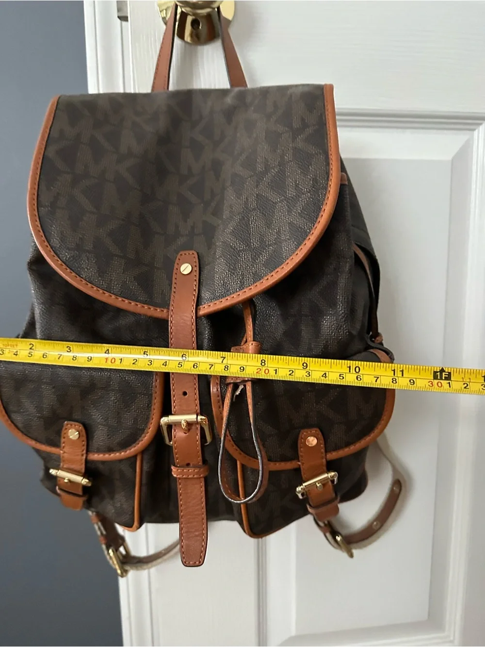 Michael Kors Dark Brown Monogram Backpack with Tan Trim